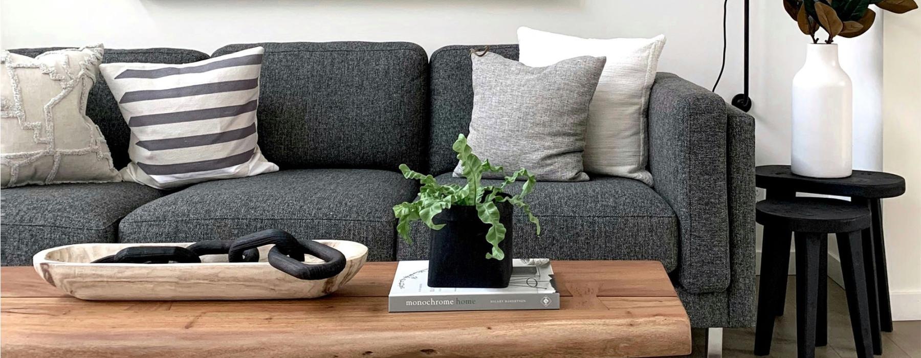 a couch with a coffee table with a plant and decor on it